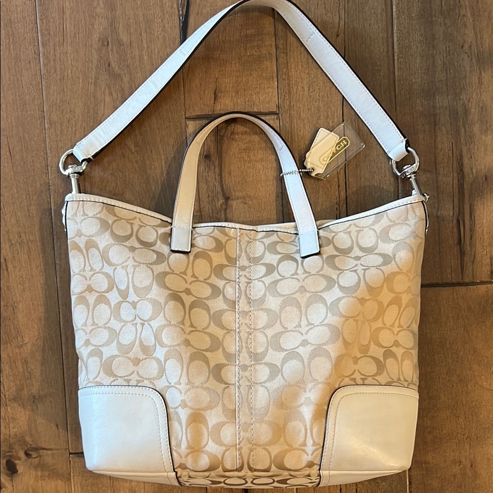 Coach Cream and White Signature Tote Bag